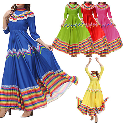Women Mexican Dance Dresses Festival Colorful Stripe Lace Trim Dress Hair Clip $26.68