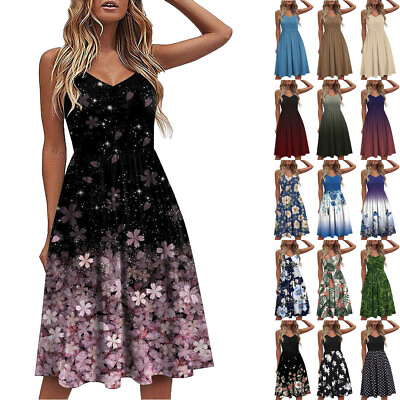 #ad Women Floral Summer Beach Sleeveless Dress Ladies Holiday Party Sundress $22.31