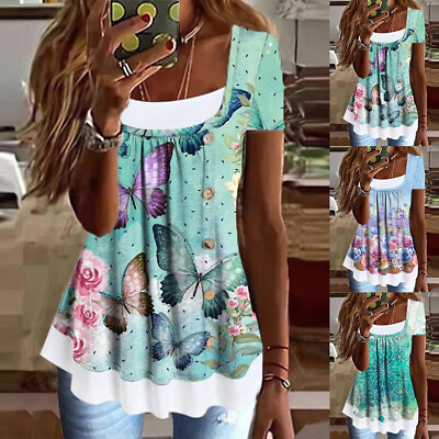 #ad Womens Boho Print Pullover Tunic Tops Ladies Summer Casual Loose Blouse T Shirt $18.39