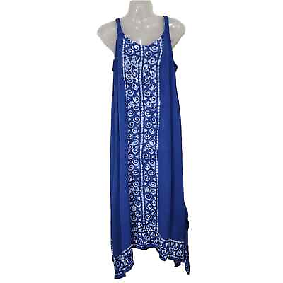 #ad Raya Sun Cotton Rayon Batik Island Sleeveless Maxi Sun Dress Blue Size Medium $18.00