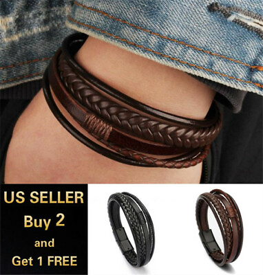 #ad #ad Men Jewelry Black Braided Leather Bracelet Multi Layer Stainless Steel Clasp A $5.99