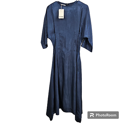 Toit Volant Dress Navy Blue Eufro Satin Maxi 3 4 Sleeve Lagenlook NWT Size XS $83.99