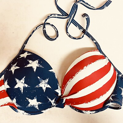 #ad Xhilaration Bikini Top Molded Cup String Tie Patriotic USA Stars Stripes Small $9.49