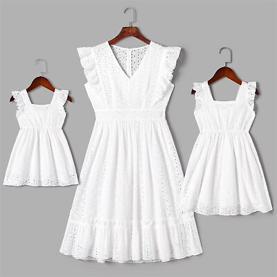 #ad 100% Cotton Outfits White Hollow Out Floral Embroidered Ruffle Sleeveless Dress $24.44