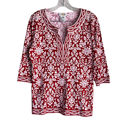 Talbots Women#x27;s Top Blouse Petite M Floral Red 100% Cotton Short Sleeve Boho $24.70