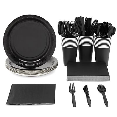 #ad 144 Piece Black Party Supplies Set with Plates Napkins Cups Cutlery Serves 24 $22.49