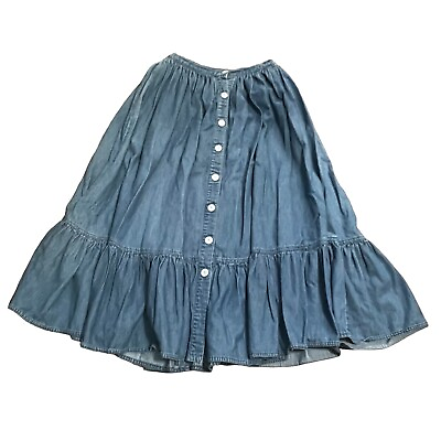 #ad Bechamel Size S 26” Waist Blue Denim Skirt Long Button Front Western Ruffle $19.98