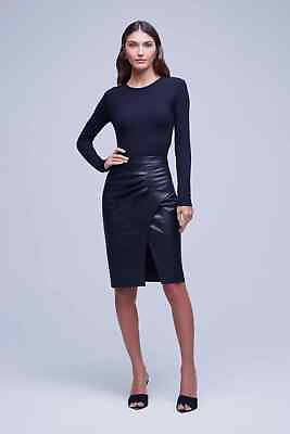 #ad L#x27;Agence Womens Maude Pencil Skirt Black Leather Gathered Pleats Side Zip Sz 10 $170.61