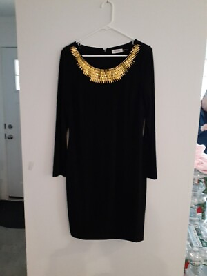 #ad Calvin Klein Black Cocktail Dress Gold beaded Slinky Slimming Stretch Size 10 $24.99