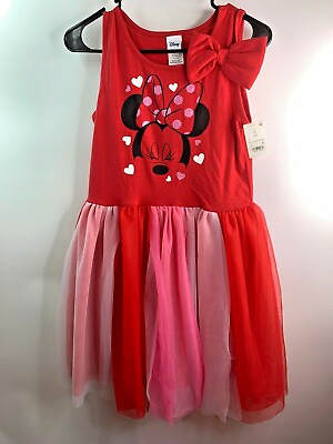 #ad DISNEY Minnie Mouse XL 14 16 Tulle Dress RED Pink Hearts NEW $18.16