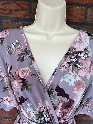 #ad Lavender Floral Flowy Dress Small Double V Neck Maxi Short Sleeve Elastic Waist $20.00