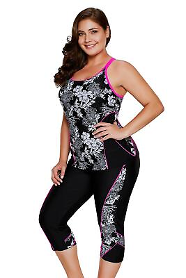 #ad Women Floral Black Slimming Swim Capris Pant Two Piece 2 PC Tankini Swimsuit Set $23.18