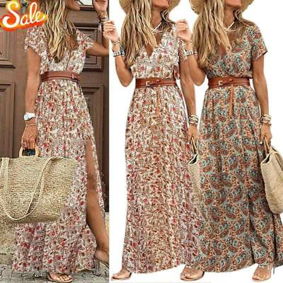 Women#x27;s V Neck Boho Floral Long Maxi Dress Holiday Ladies Beach Casual Sundress $23.09