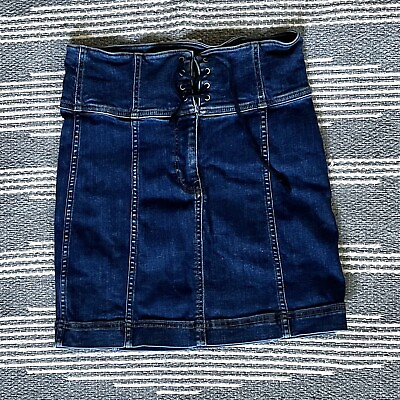 #ad Free People Skirt Womens Sz 4 Dark Blue Denim Modern Femme Corset Lace Up Mini $8.99