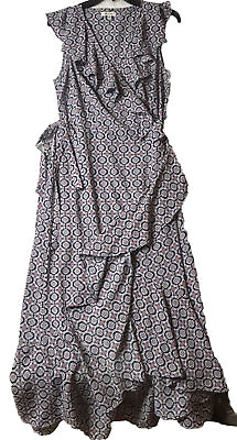#ad #ad Max Studio L Women’s Wrap Tie Ruffle Maxi Dress Geometric Blue $38.96