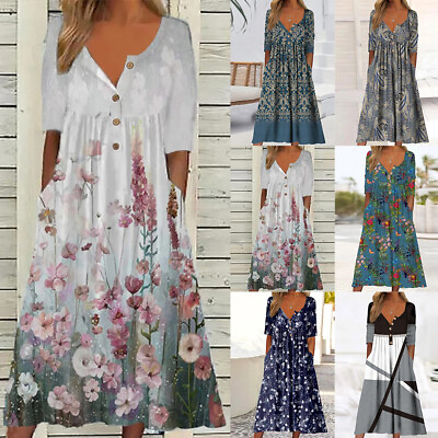 #ad Women Boho V Neck Floral Button Midi Dress Ladies Beach Holiday Swing Sundress $23.82