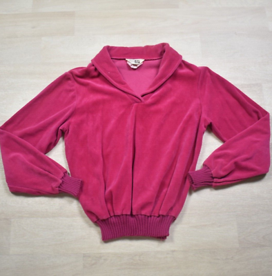 #ad 70s Sears Velour Sweater Sweatshirt Hot Pink V Neck Disco VTG 1970s Medium $27.88