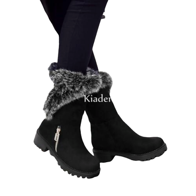#ad Womens Pull On Winter Warm Mid Calf Boot Faux Suede Low Heels Shoes Fur Trim NEW $73.86