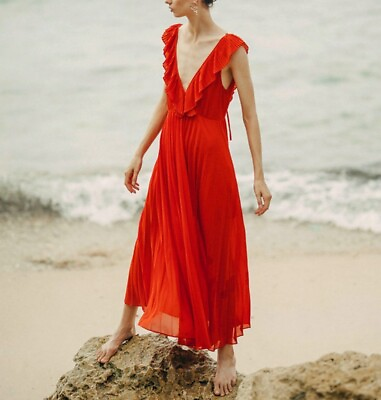 Zara Red Maxi Dress XS S Pleated Deep Plunge Flowy Sleeveless Coral STUCK ZIPPER $28.90
