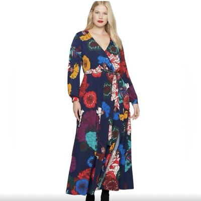 #ad Eloquii Printed Floral Wrap Maxi Dress 18 Bold Colorful Maximalist Party Work $28.00