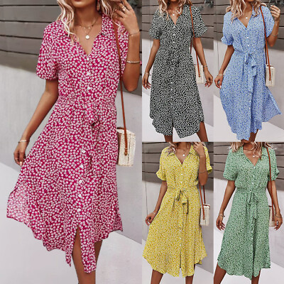 #ad Womens Polka Dot Shirt Dress Summer Holiday Lace Up Button Down Midi Sun Dresses $21.99