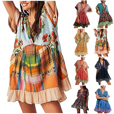 #ad Women Boho Dresses Flowy Dress Ruffle Mini Dress Deep V Neck Casual Floral $33.42