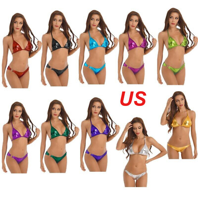 #ad Women Metallic Sexy Bikini Swimwear Lace up Bra with O Ring Briefs Bathing Suit $7.99