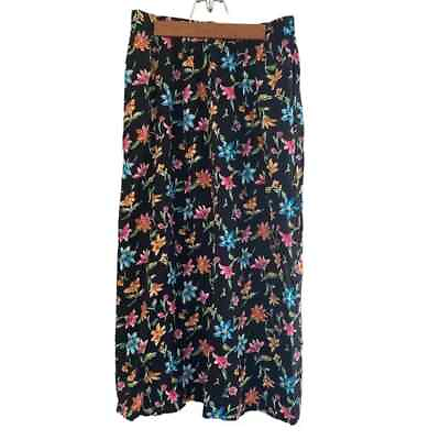 #ad VINTAGE Requirements Black Blue Pink Rayon Floral Pull On Maxi Skirt Medium $25.00