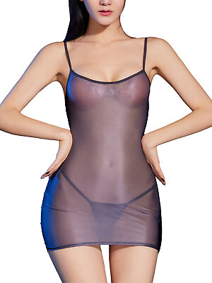 Woman#x27;s Sheer Glossy Mini Dress Spaghetti Straps Bodycon Nightwear Mini Dresses $7.94
