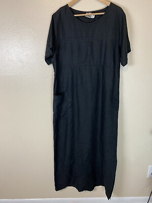#ad Kiko L 100% Linen Maxi Dress Short Sleeve Lagenlook Shift Sheath Black Beach $34.99