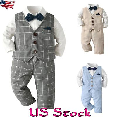 #ad Baby Boy Gentleman Birthday Party Shirt Top Bowtie Check Vest Pants Outfits Suit $30.89