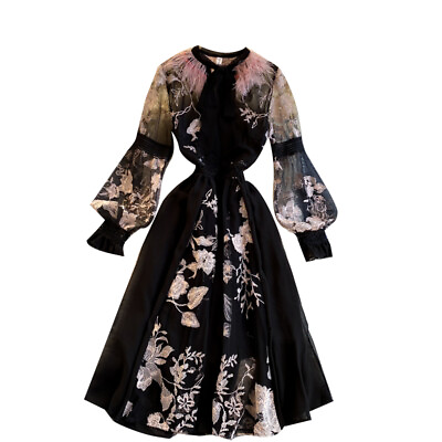 #ad Women Floral Embroidery Mesh Long Puff Sleeve Midi Sheer Bow Feather Black Dress $37.97