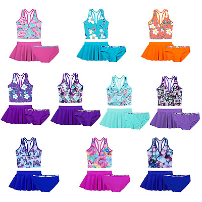 #ad Girls 3Pcs Tankini Swimsuit Tops Bottom Skirt Set Floral Printed Beach Swimwear $12.90