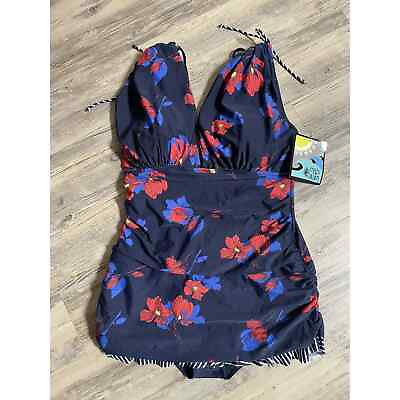 #ad Mazu Swim Plus Size 24W Skirted One Piece Navy Floral Swimsuit Flowers Stripes $39.99