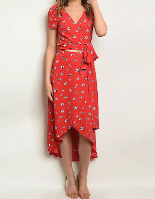 #ad Floral Skirt Set V Neck Red Wrap Top and Skirt Set Size Large $45.00