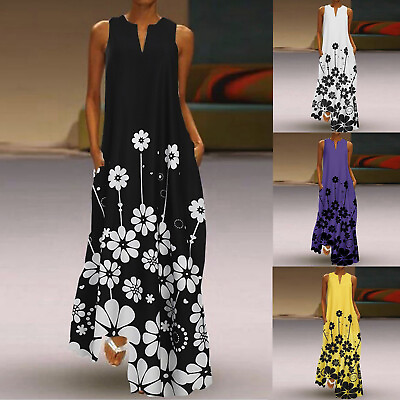 #ad Womens Summer Sleeveless Maxi Dress Holiday Floral Long Sundress Plus Size $21.84
