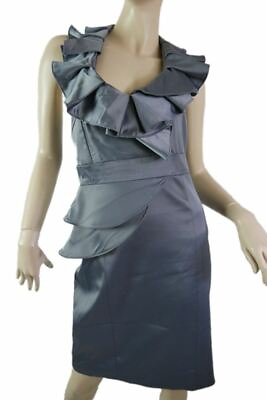 #ad KAREN MILLEN pewter grey ruffle halter neck evening dress size 14 BNWT AU $129.99