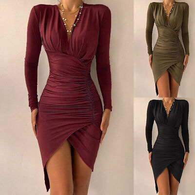 Sexy Womens V Neck Long Sleeve Bodycon Dress Evening Party Cocktail Club Gown US $23.36