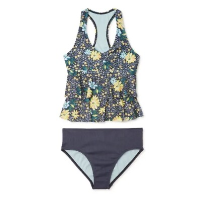 #ad Wonder Nation Girls Floral Tankini Swimsuit Set 2pc Size 7 8 NEW Grey Yellow $14.24