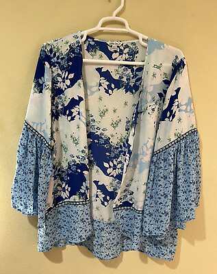 #ad NWT Pioneer Woman Sz S M Open Front Beach Cover Up Kimono Top Blue Floral V2 $25.00