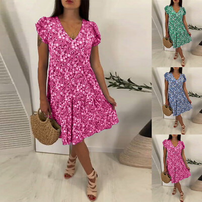 #ad Womens Boho Floral Midi Dress Ladies Summer Short Sleeve Ruffle Beach Sundress $23.39