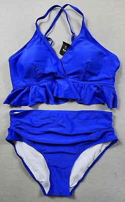 #ad Ruffle Flounce Bikini Swimsuit High Waisted Tummy Control Womens Size XL Blue $14.03