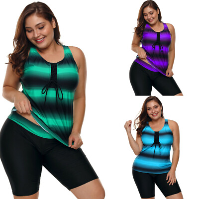 Women#x27;s Plus Size Stripe Tankini Set Swimsuit Bathing Suit Top shorts Swimwear $23.39