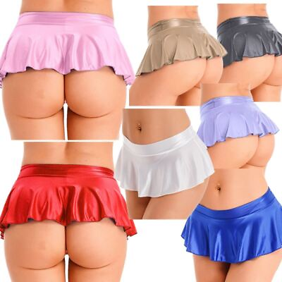 #ad Womens Glossy Mini Skirts Wetlook Shiny Skater Dance Party Skirts Sexy Clubwears $8.36