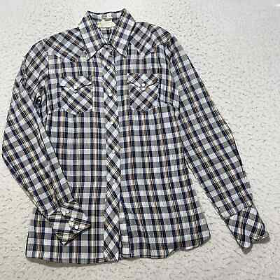 Vintage 70s Sears Women#x27;s 10 Pearl Snap Button Up Shirt Western Plaid Navy Blue $22.49
