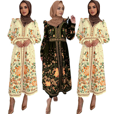 #ad Dubai Ethnic Print Women Kaftan Long Sleeve Maxi Dress Abaya Turkey Muslim Robes C $53.25