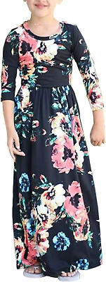 #ad Girl#x27;S Maxi Dress Floral Short Sleeve Dresses with Pockets Elastic Waist Holiday $23.99