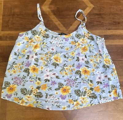 #ad Forever 21 Rayon Adjustable Strap Blue Yellow Boho Floral Tank Top Womens Sz M $7.00