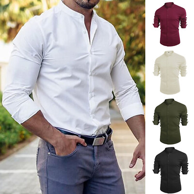 Button Stretch Slim Shirts Men Sleeve Long Shirts Fit Dress Collar Muscle Banded $15.38