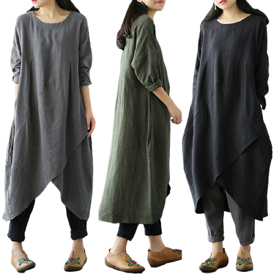 #ad New HOT Long Sleeve Women#x27;s Party Plus Size Maxi Dress Cotton Kaftan Long Dress $22.99